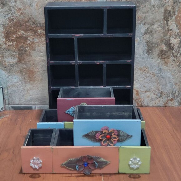 Multi Color 9 Drawer Wood Cabinet Small Chest Box Desk Organizer - Picture 6 of 17